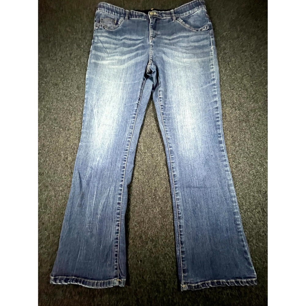 Y2K Supply Co Flare Jeans Womens 16W Blue Denim Faded Whiskering Stretch Casual